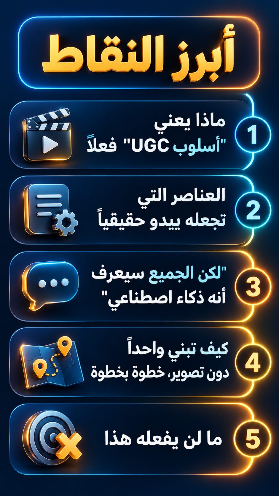 أبرز النقاط: ماذا يعني "أسلوب UGC" فعلاً; ما يجعل الفيديو يبدو حقيقياً; "لكن الجميع سيعرف أنه ذكاء اصطناعي"; كيف تصنع فيديو دون تصوير، خطوة بخطوة; ما لن تفعله هذه الطريقة