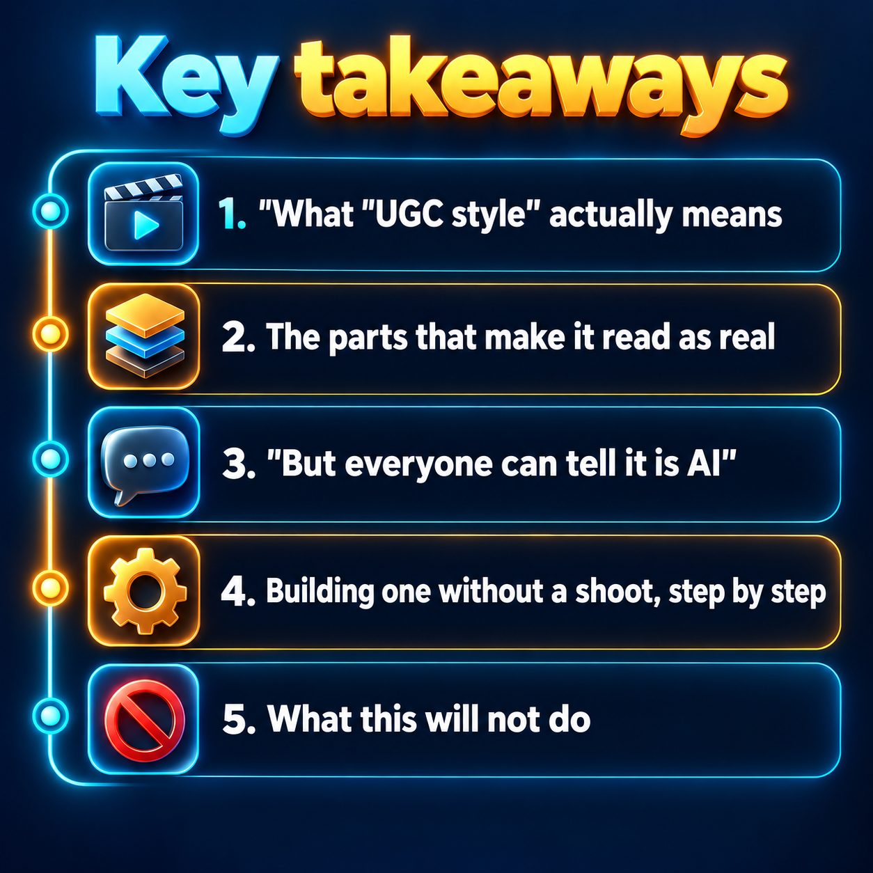 Key takeaways: What "UGC style" actually means; The parts that make it read as real; "But everyone can tell it is AI"; Building one without a shoot, step by step; What this will not do