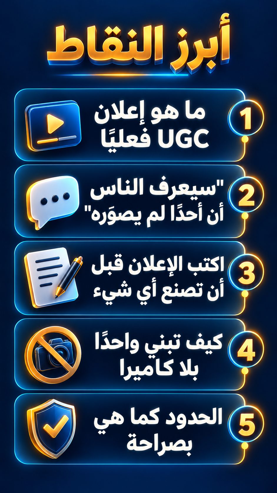أبرز النقاط: ما هو إعلان UGC فعليًا; "سيعرف الناس أن أحدًا لم يصوّره"; اكتب الإعلان قبل أن تصنع أي شيء; كيف تبني إعلانًا دون كاميرا; الحدود كما هي بصراحة