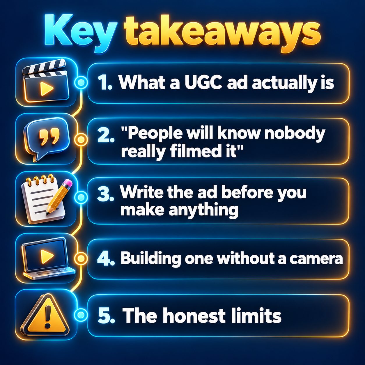 Key takeaways: What a UGC ad actually is; "People will know nobody really filmed it"; Write the ad before you make anything; Building one without a camera; The honest limits