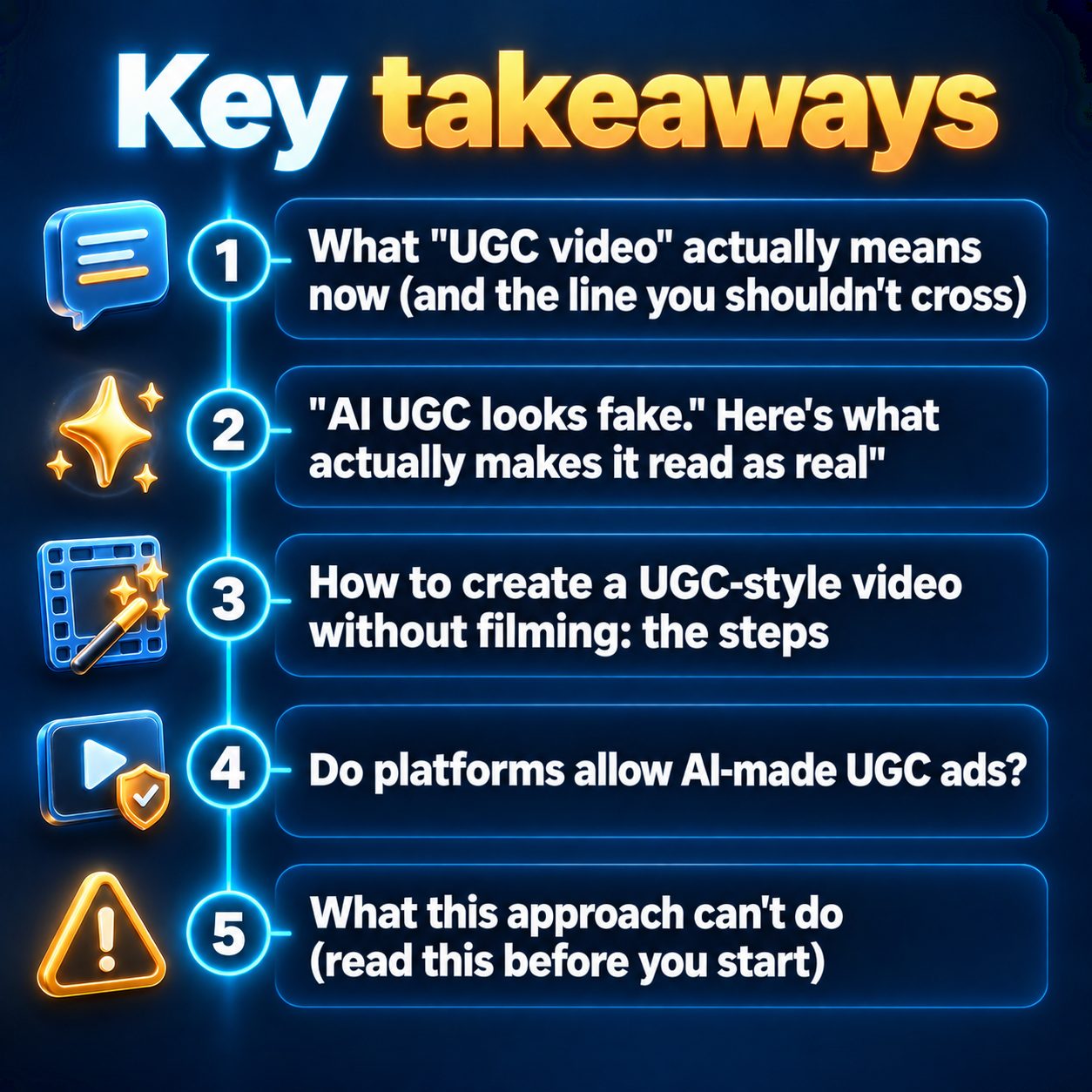 Key takeaways: What "UGC video" actually means now (and the line you shouldn't cross); "AI UGC looks fake." Here's what actually makes it read as real; How to create a UGC-style video without filming: the steps; Do platforms allow AI-made UGC ads?; What this approach can't do (read this before you start)