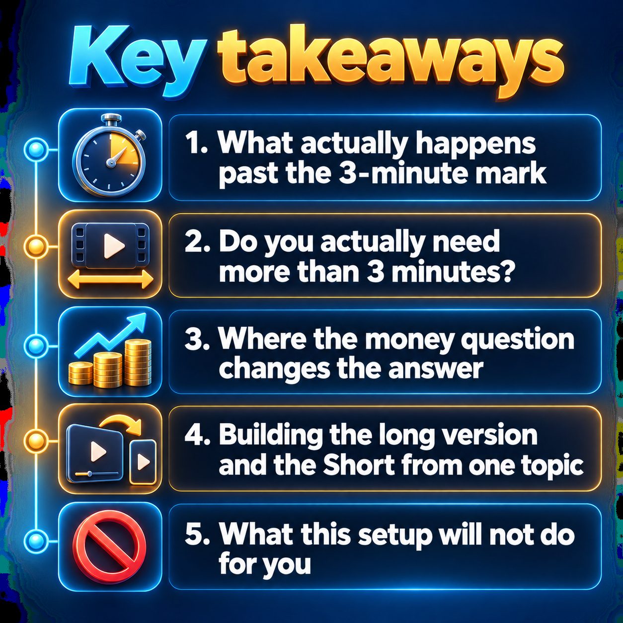 Key takeaways: What actually happens past the 3-minute mark; Do you actually need more than 3 minutes?; Where the money question changes the answer; Building the long version and the Short from one topic; What this setup will not do for you