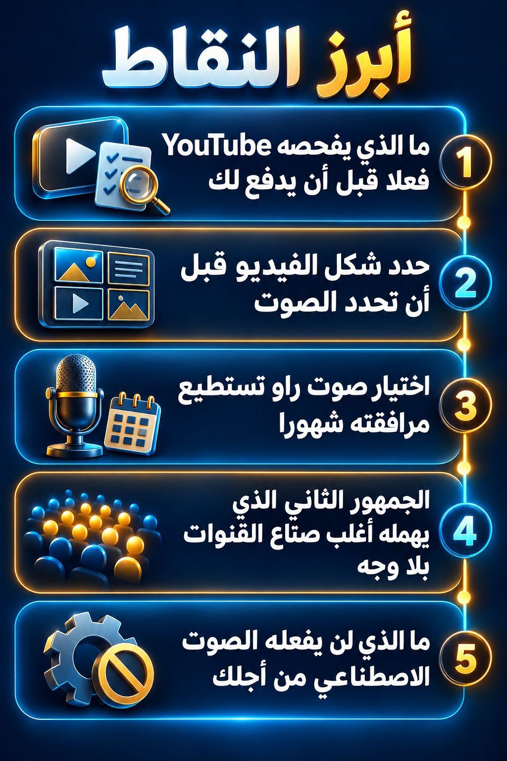 أبرز النقاط: ما الذي يفحصه YouTube فعلا قبل أن يدفع لك; اختر شكل الفيديو قبل أن تختار الصوت; اختر صوت راو تستطيع البقاء معه شهورا; الجمهور الثاني الذي ينساه أغلب أصحاب القنوات بلا وجه; ما الذي لن يفعله الصوت الاصطناعي من أجلك