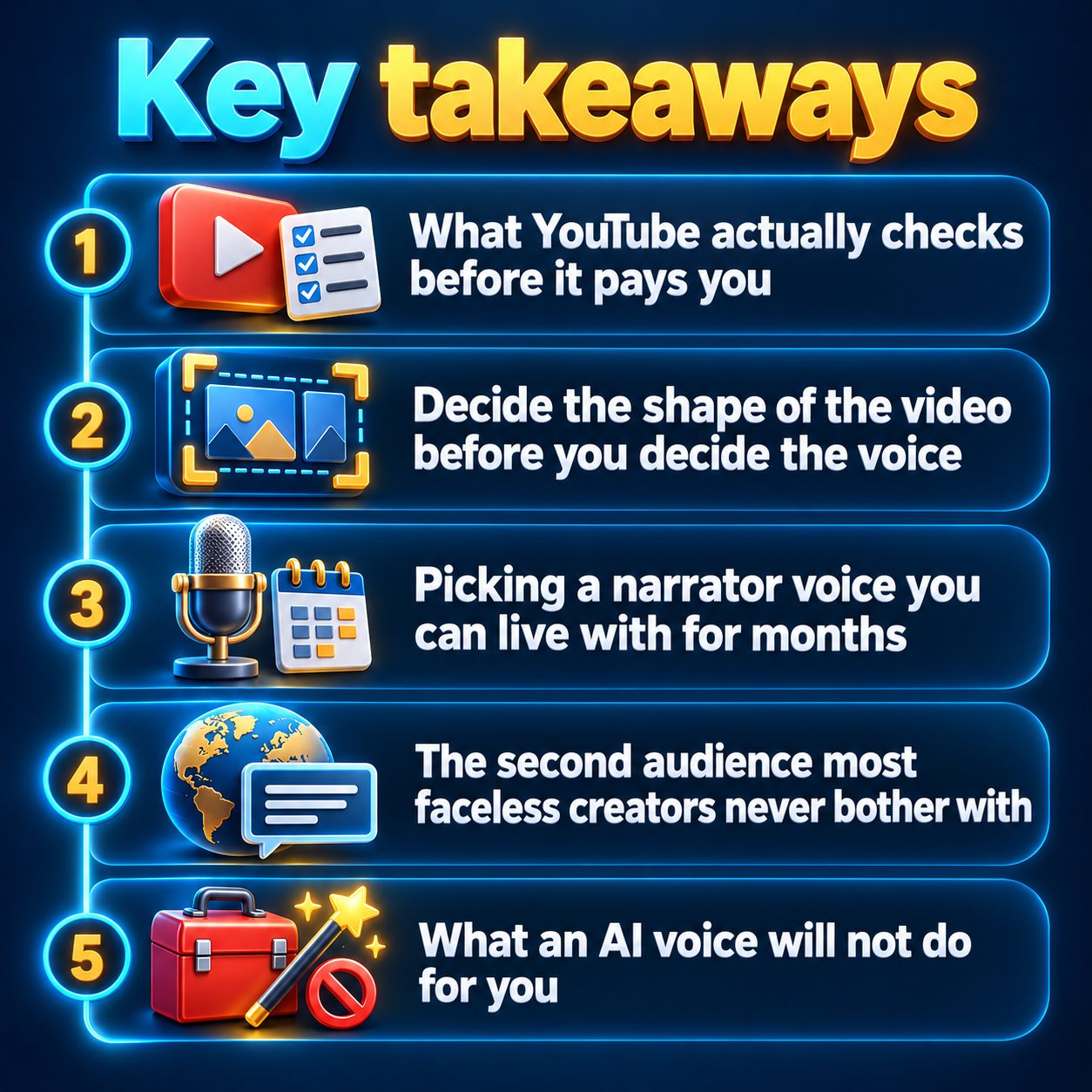 Key takeaways: What YouTube actually checks before it pays you; Decide the shape of the video before you decide the voice; Picking a narrator voice you can live with for months; The second audience most faceless creators never bother with; What an AI voice will not do for you