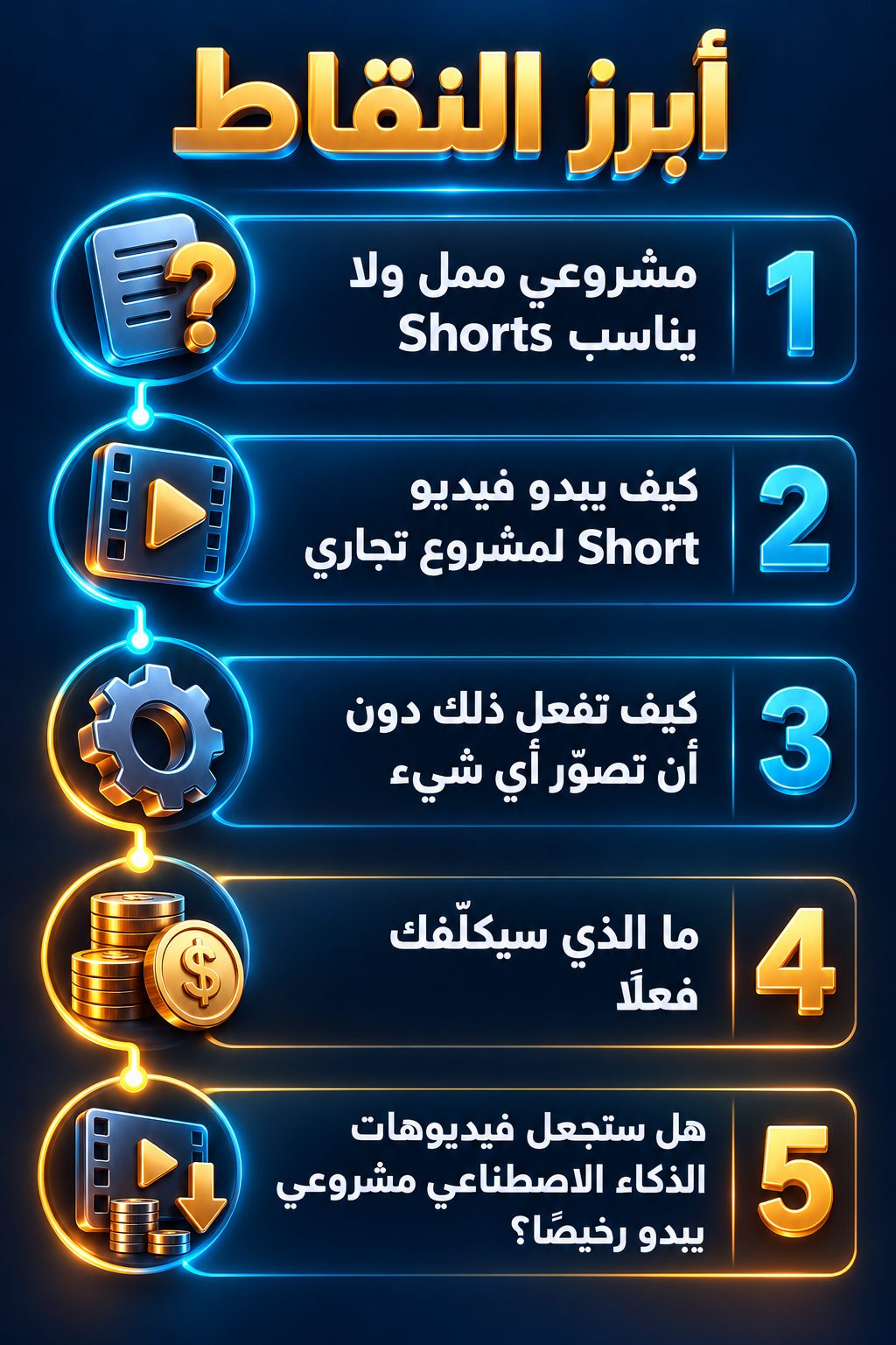 أبرز النقاط: «مشروعي ممل ولا يناسب Shorts»; كيف يبدو فيديو Short لمشروع تجاري; كيف تفعل ذلك دون أن تصوّر أي شيء; ما الذي سيكلّفك فعلًا; هل ستجعل فيديوهات الذكاء الاصطناعي مشروعي يبدو رخيصًا؟