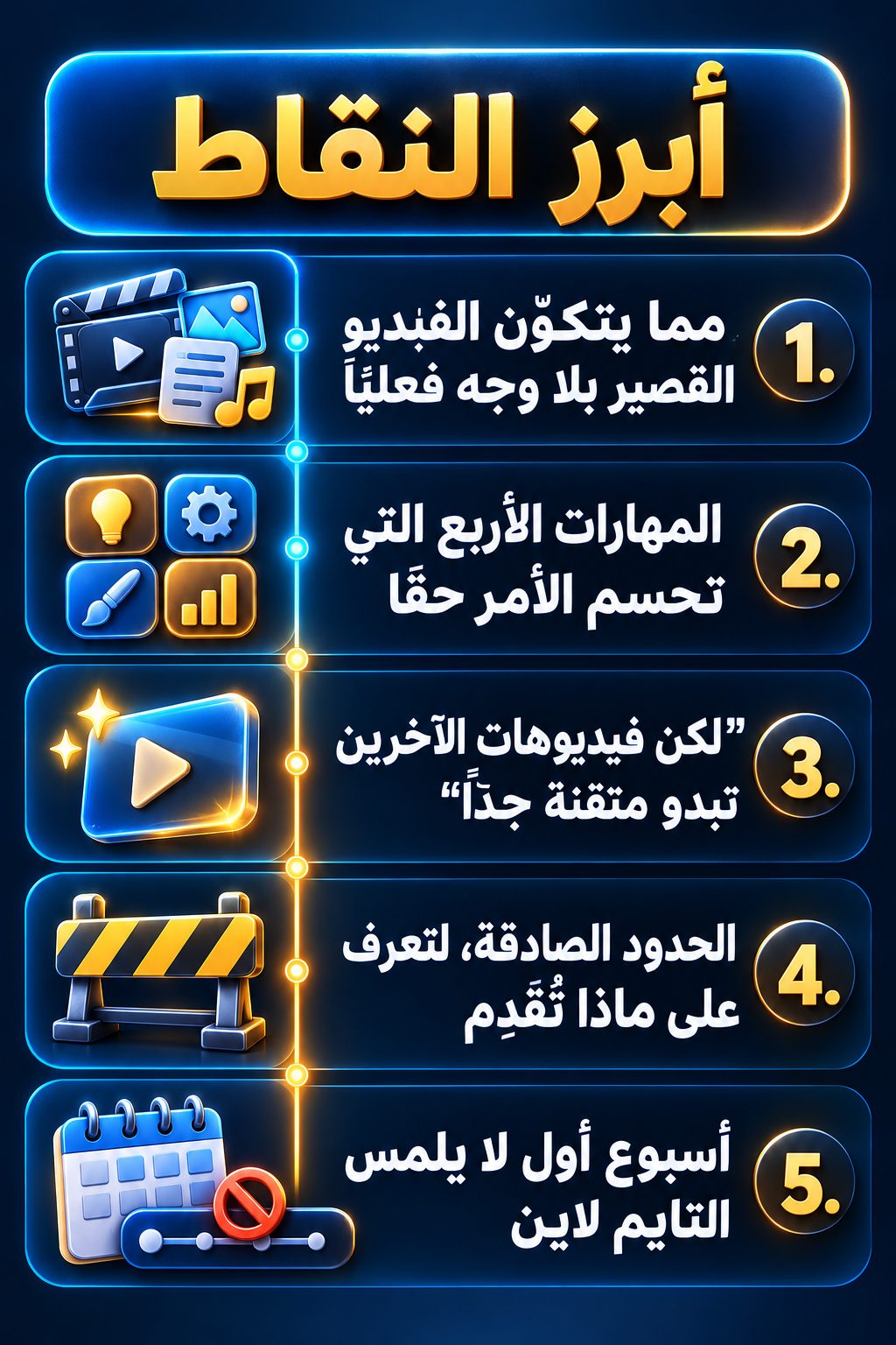 أبرز النقاط: ما الذي يتكوّن منه الفيديو القصير بلا وجه؟; المهارات الأربع التي تصنع الفرق حقًا; "لكن فيديوهات الآخرين تبدو متقنة جدًا"; الحدود الصادقة، لتعرف ما الذي تبدأه; أسبوع أول بلا تايم لاين