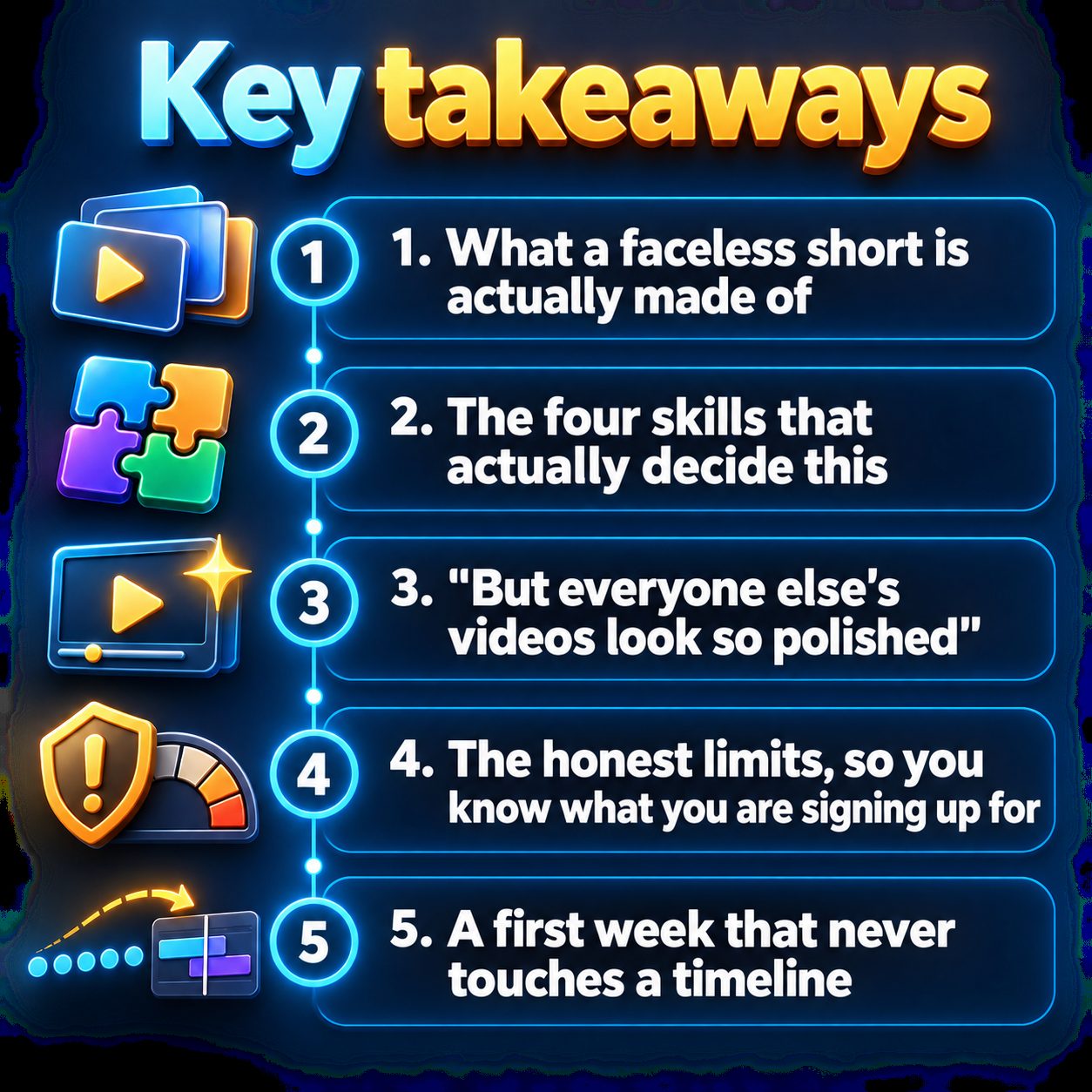 Key takeaways: What a faceless short is actually made of; The four skills that actually decide this; "But everyone else's videos look so polished"; The honest limits, so you know what you are signing up for; A first week that never touches a timeline