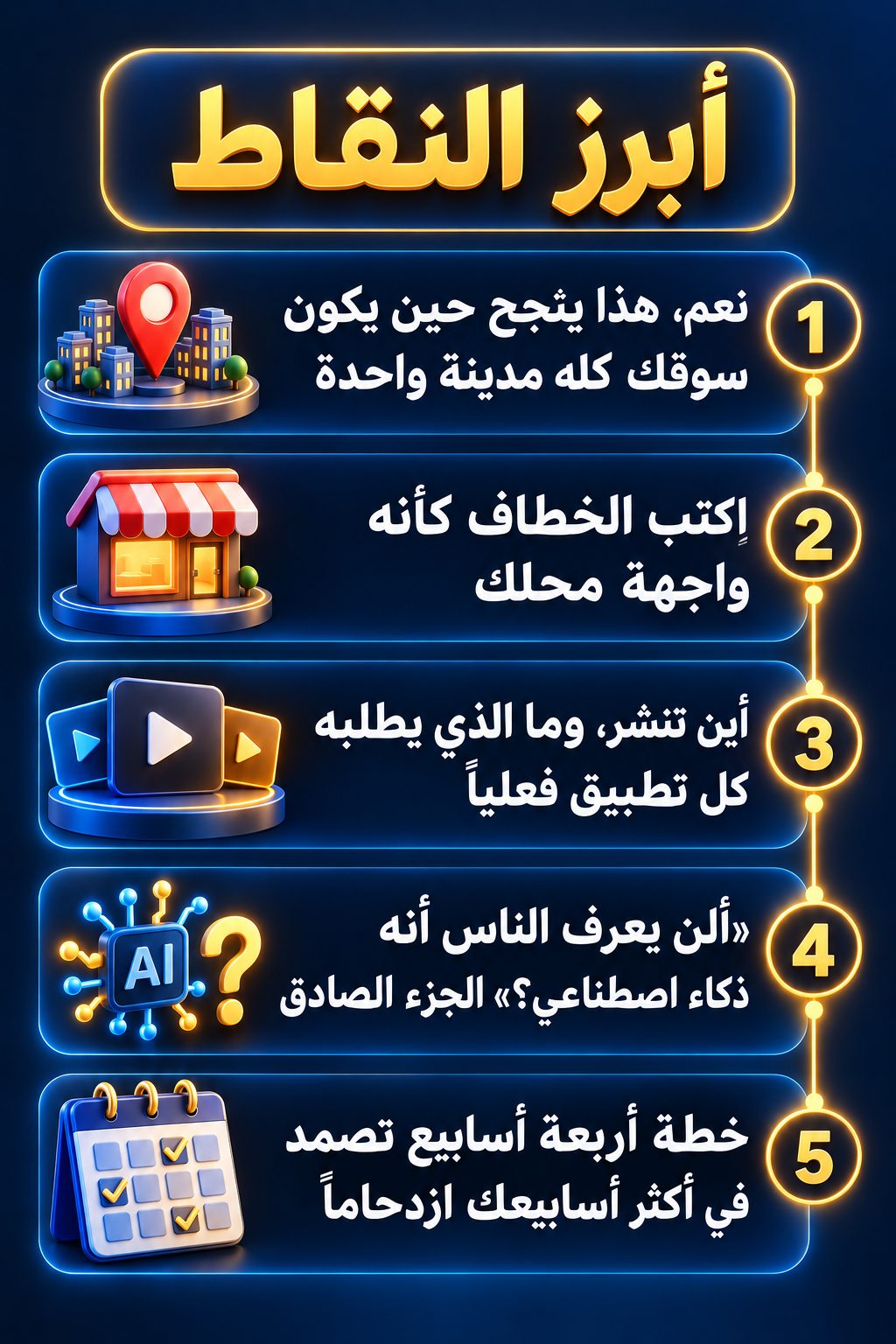 أبرز النقاط: نعم، هذا ينجح حين يكون سوقك كله مدينة واحدة; اكتب الخطاف كأنه واجهة محلك; أين تنشر، وماذا يطلب كل تطبيق فعلاً; «ألن يعرف الناس أنه ذكاء اصطناعي؟» الجواب الصادق; خطة أربعة أسابيع تنجح حتى في أكثر أسابيعك ازدحاماً