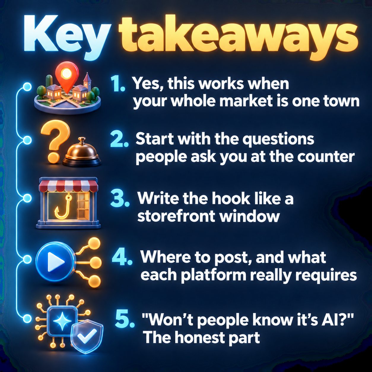 Key takeaways: Yes, this works when your whole market is one town; Start with the questions people ask you at the counter; Write the hook like a storefront window; Where to post, and what each platform really requires; "Won't people know it's AI?" The honest part