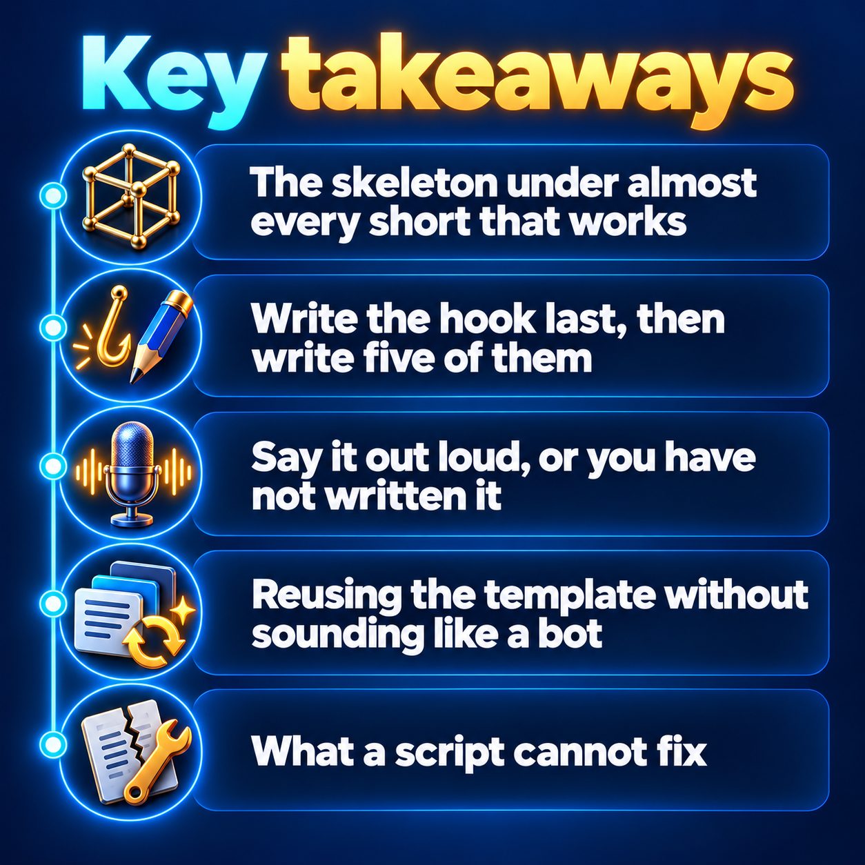 Key takeaways: The skeleton under almost every short that works; Write the hook last, then write five of them; Say it out loud, or you have not written it; Reusing the template without sounding like a bot; What a script cannot fix
