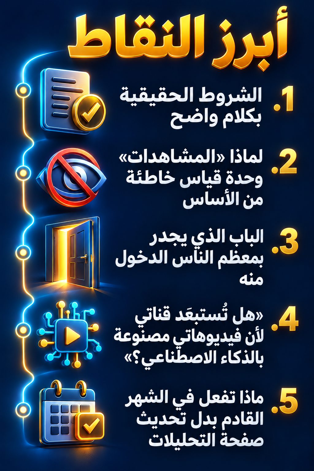 أبرز النقاط: الشروط الحقيقية بكلام واضح; لماذا «المشاهدات» مقياس خاطئ من الأساس; الباب الذي يناسب معظم الناس; «هل تُستبعَد قناتي لأن فيديوهاتي مصنوعة بالذكاء الاصطناعي؟»; ماذا تفعل في الشهر القادم بدل تحديث صفحة التحليلات