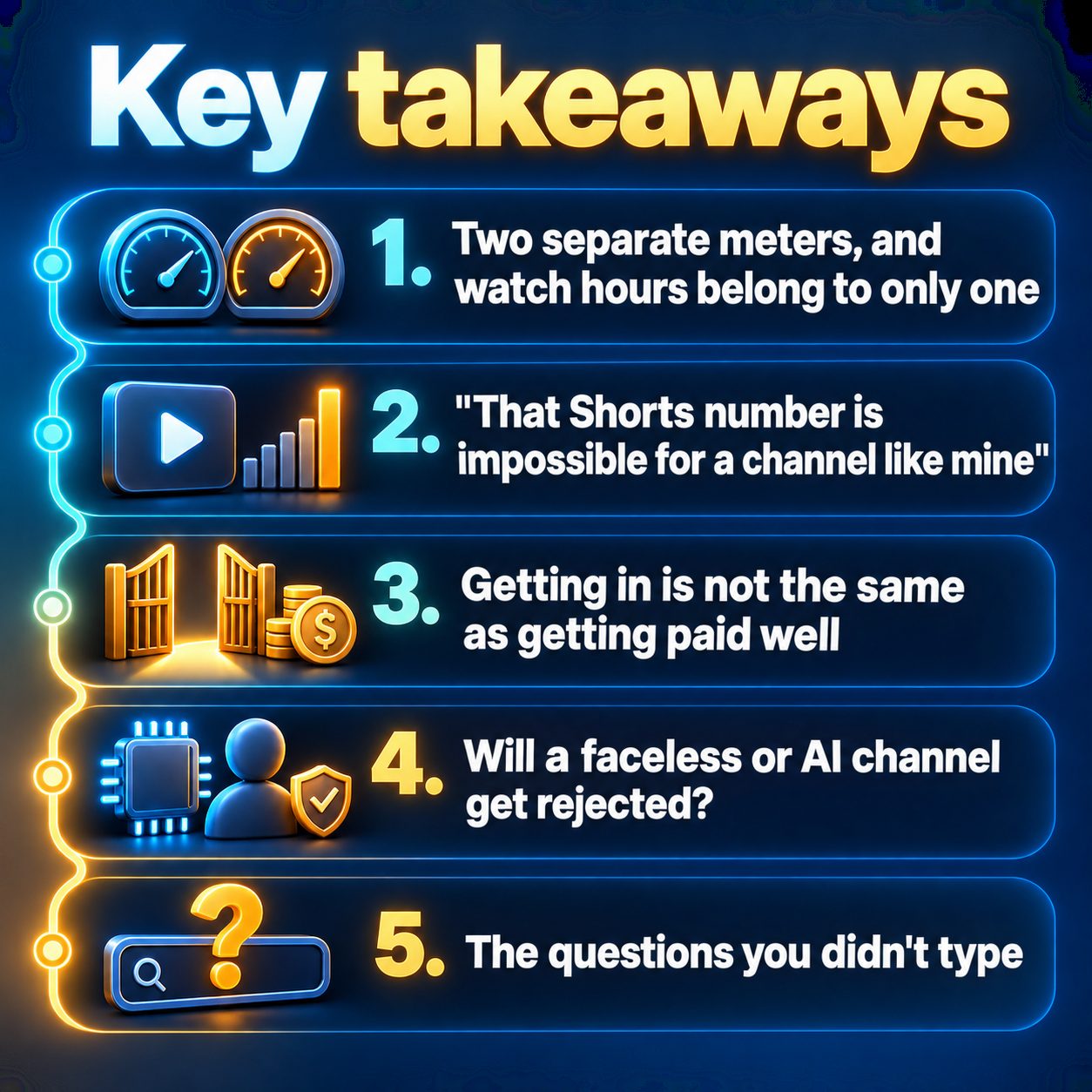 Key takeaways: Two separate meters, and watch hours belong to only one; "That Shorts number is impossible for a channel like mine"; Getting in is not the same as getting paid well; Will a faceless or AI channel get rejected?; The questions you didn't type