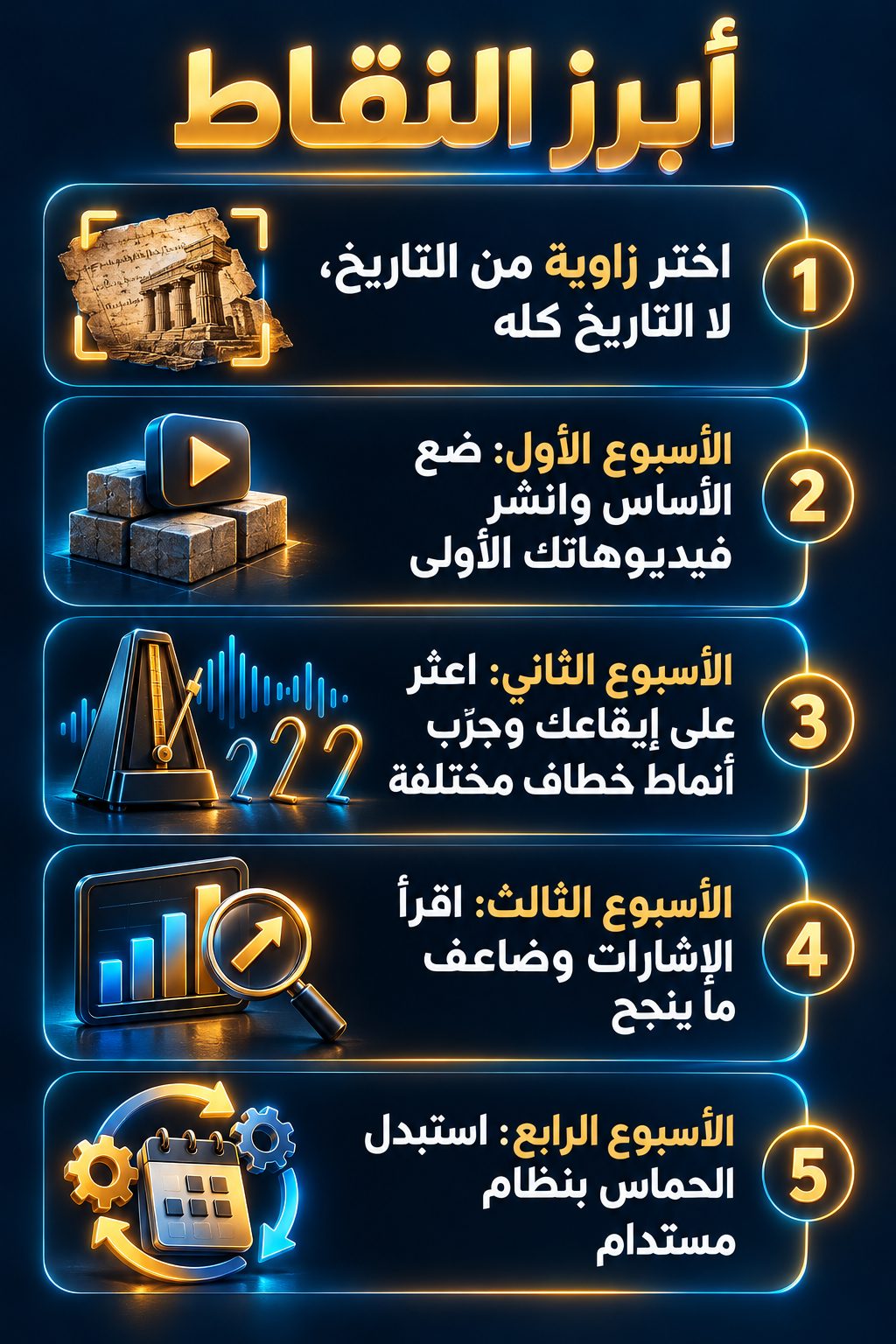 أبرز النقاط: اختر زاوية واحدة من التاريخ، لا التاريخ كله; الأسبوع الأول: ضع الأساس وانشر فيديوهاتك الأولى; الأسبوع الثاني: اعثر على إيقاعك وجرّب أنواعًا مختلفة من الخطاف; الأسبوع الثالث: افهم الإشارات وكرّر ما ينجح; الأسبوع الرابع: استبدل الحماس بنظام يدوم