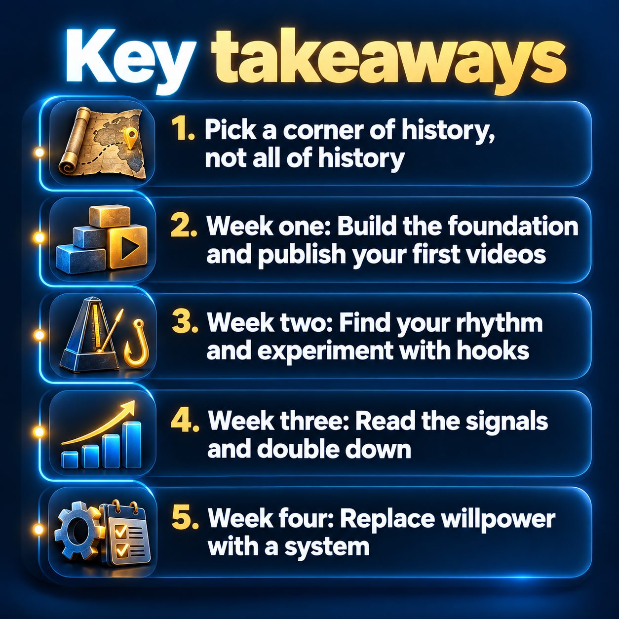 Key takeaways: Pick a corner of history, not all of history; Week one: Build the foundation and publish your first videos; Week two: Find your rhythm and experiment with hooks; Week three: Read the signals and double down; Week four: Replace willpower with a system