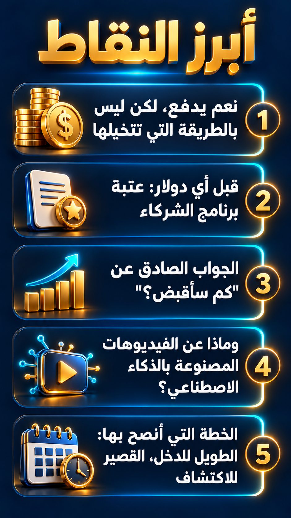 أبرز النقاط: نعم يدفع، لكن ليس بالطريقة التي تتخيلها; قبل أي دولار: عتبة برنامج الشركاء; الجواب الصادق عن "كم سأقبض؟"; وماذا عن الفيديوهات المصنوعة بالذكاء الاصطناعي؟; الخطة التي أنصح بها: الطويل للدخل، القصير للاكتشاف