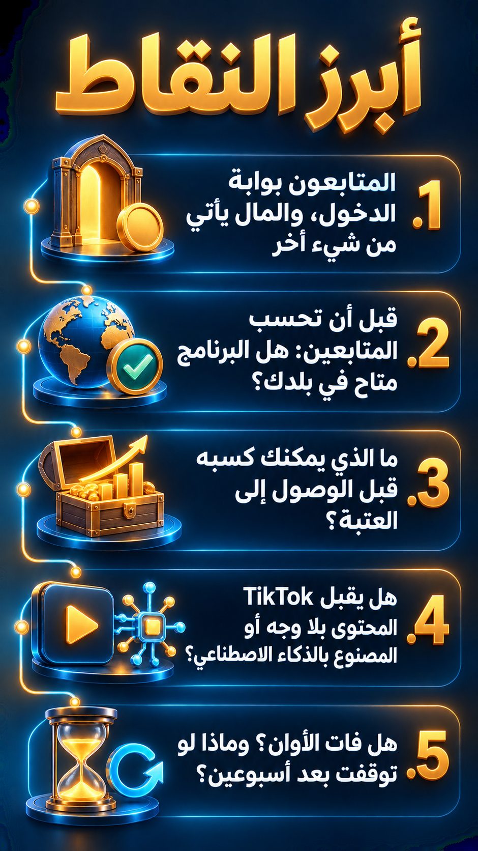 أبرز النقاط: المتابعون بوابة الدخول، والمال يأتي من شيء آخر; قبل أن تحسب المتابعين: هل البرنامج متاح في بلدك؟; ما الذي يمكنك كسبه قبل الوصول إلى العتبة؟; هل يقبل TikTok المحتوى بلا وجه أو المصنوع بالذكاء الاصطناعي؟; هل فات الأوان؟ وماذا لو توقفت بعد أسبوعين؟