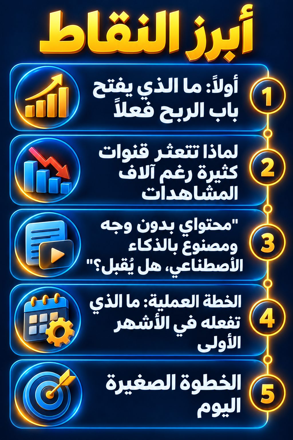 أبرز النقاط: أولاً: ما الذي يفتح باب الربح فعلاً; لماذا تتعثر قنوات كثيرة رغم آلاف المشاهدات; "محتواي بدون وجه ومصنوع بالذكاء الاصطناعي، هل يُقبل؟"; الخطة العملية: ما الذي تفعله في الأشهر الأولى; الخطوة الصغيرة اليوم