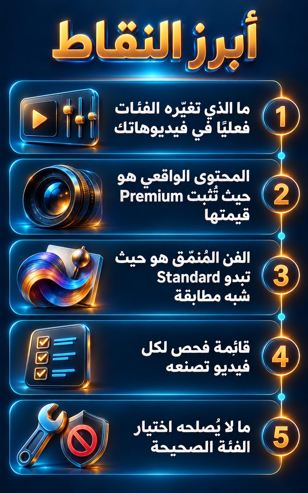 أبرز النقاط: ما الذي تغيّره الفئات فعلًا في فيديوهاتك; المحتوى الواقعي هو المكان الذي تثبت فيه Premium قيمتها; الفن المُنمّق هو المكان الذي تبدو فيه Standard شبه مطابقة; قائمة فحص لكل فيديو تصنعه; ما لا يُصلحه اختيار الفئة الصحيحة
