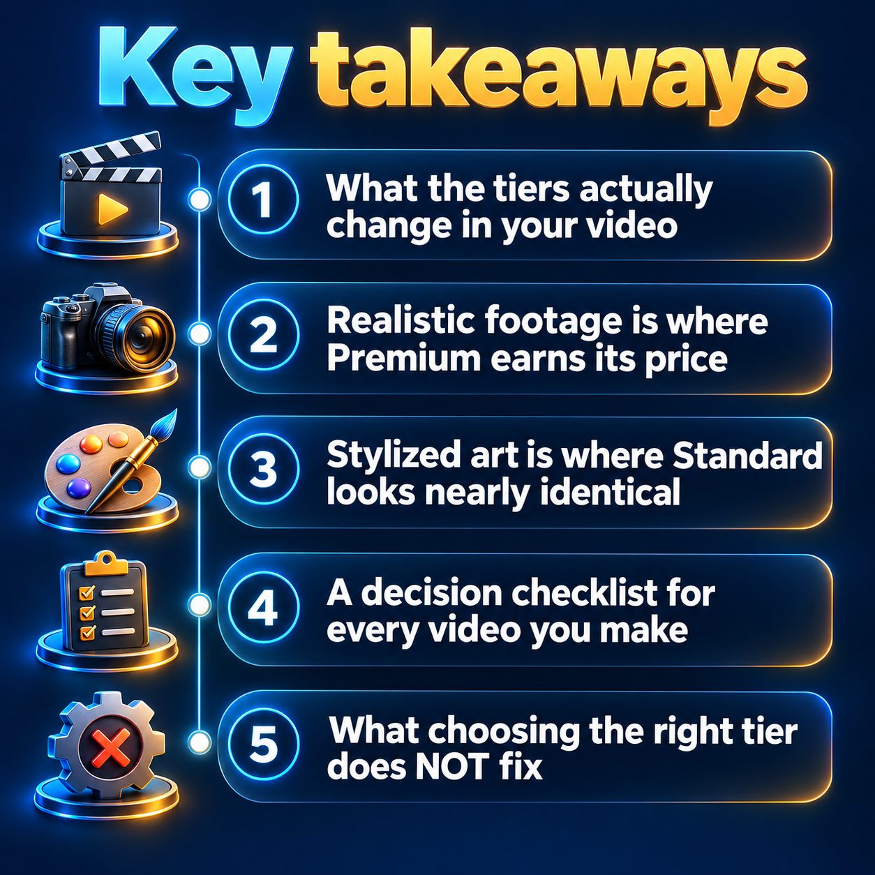 Key takeaways: What the tiers actually change in your video; Realistic footage is where Premium earns its price; Stylized art is where Standard looks nearly identical; A decision checklist for every video you make; What choosing the right tier does NOT fix