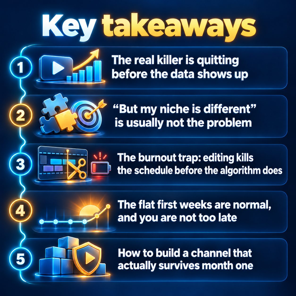 Key takeaways: The real killer is quitting before the data shows up; "But my niche is different" is usually not the problem; The burnout trap: editing kills the schedule before the algorithm does; The flat first weeks are normal, and you are not too late; How to build a channel that actually survives month one