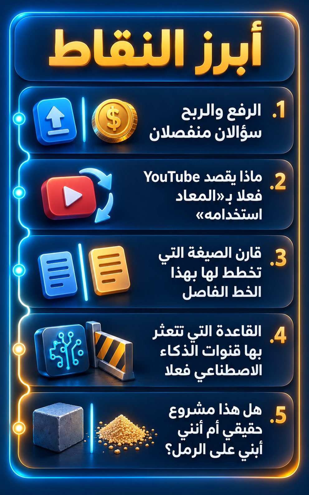 أبرز النقاط: الرفع والربح سؤالان منفصلان; ماذا يقصد YouTube بـ«المعاد استخدامه»; قارن صيغة فيديوهاتك بهذا الخط الفاصل; القاعدة التي توقع قنوات الذكاء الاصطناعي; هل هذا مشروع حقيقي أم أنني أبني على الرمل؟