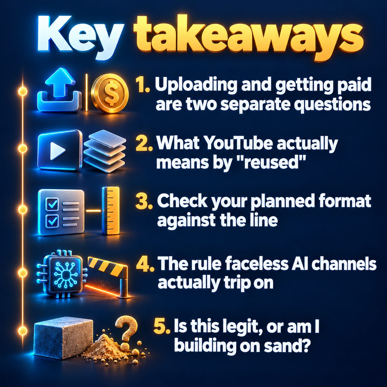 Key takeaways: Uploading and getting paid are two separate questions; What YouTube actually means by "reused"; Check your planned format against the line; The rule faceless AI channels actually trip on; Is this legit, or am I building on sand?