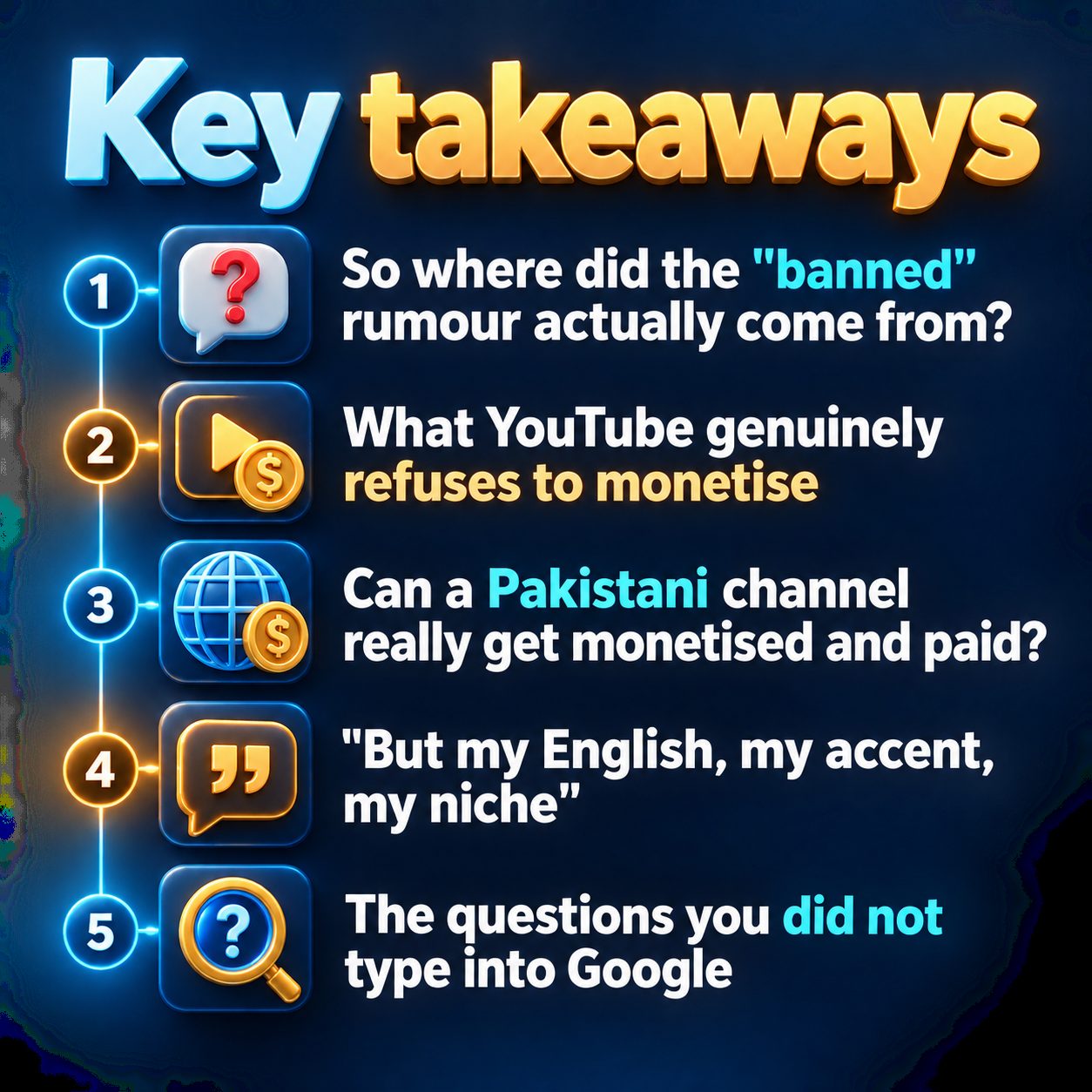 Key takeaways: So where did the "banned" rumour actually come from?; What YouTube genuinely refuses to monetise; Can a Pakistani channel really get monetised and paid?; "But my English, my accent, my niche"; The questions you did not type into Google