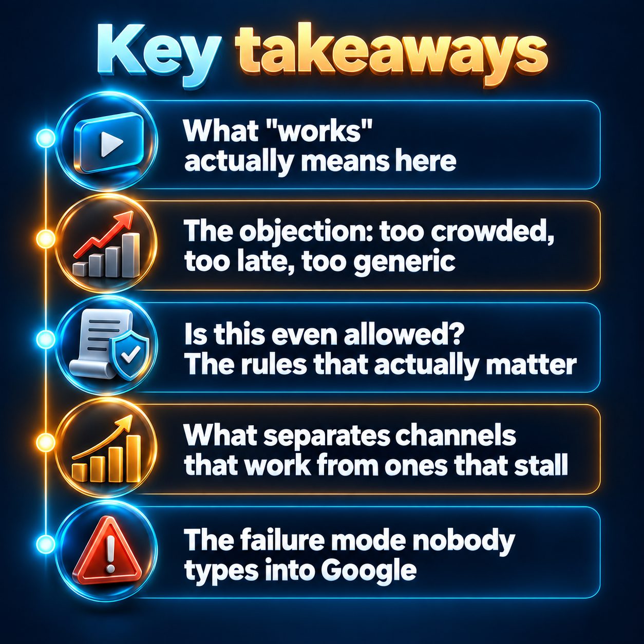 Key takeaways: What "works" actually means here; The objection: too crowded, too late, too generic; Is this even allowed? The rules that actually matter; What separates channels that work from ones that stall; The failure mode nobody types into Google