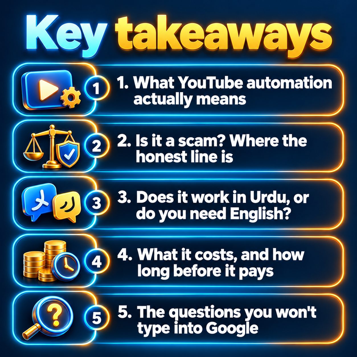 Key takeaways: What YouTube automation actually means; Is it a scam? Where the honest line is; Does it work in Urdu, or do you need English?; What it costs, and how long before it pays; The questions you won't type into Google