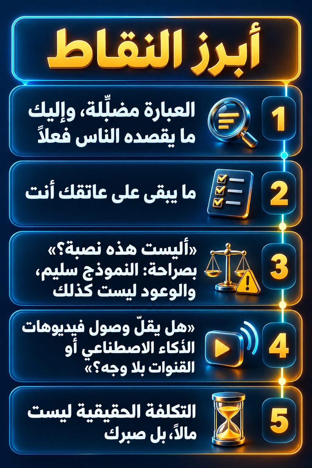 أبرز النقاط: العبارة مضلِّلة، وهذا ما يقصده الناس فعلاً; ما يبقى عليك أنت; «أليست هذه نصبة؟» بصراحة: النموذج سليم، لكن الوعود ليست سليمة; «هل يقلّ وصول فيديوهات الذكاء الاصطناعي أو القنوات بلا وجه؟»; التكلفة الحقيقية ليست مالاً، بل صبرك