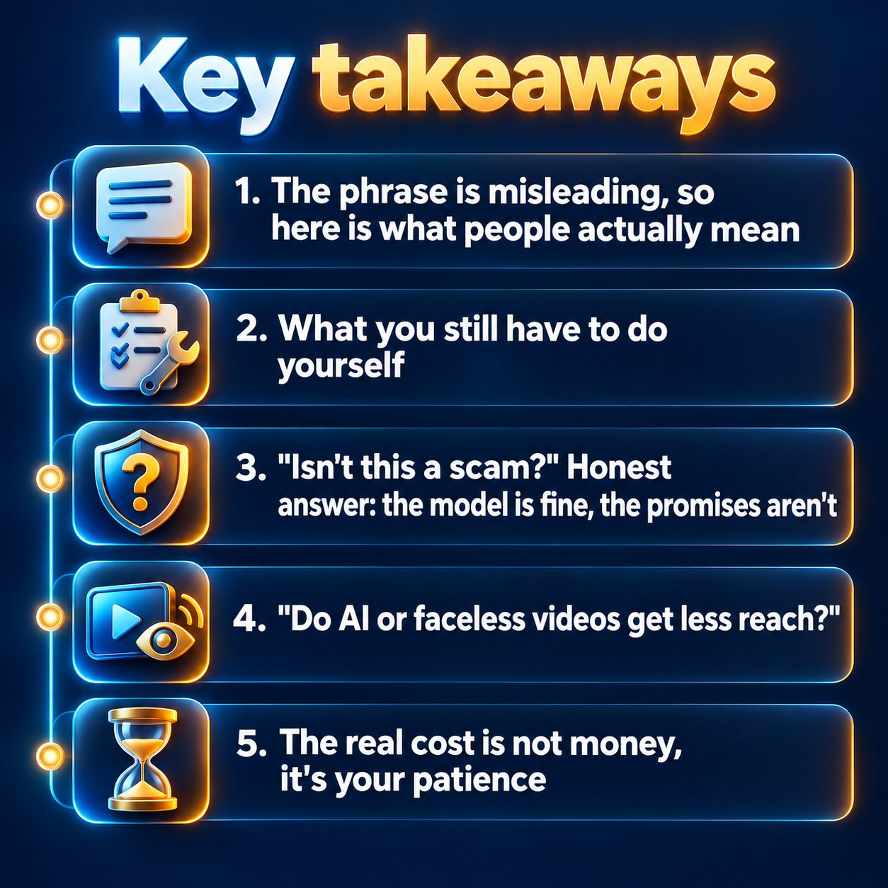 Key takeaways: The phrase is misleading, so here is what people actually mean; What you still have to do yourself; "Isn't this a scam?" Honest answer: the model is fine, the promises aren't; "Do AI or faceless videos get less reach?"; The real cost is not money, it's your patience
