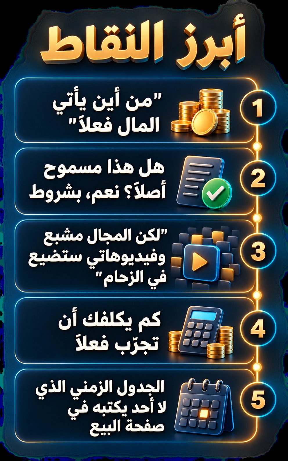 أبرز النقاط: من أين يأتي المال فعلاً; هل هذا مسموح أصلاً؟ نعم، بشروط; "لكن المجال مشبع وفيديوهاتي ستضيع في الزحام"; كم يكلفك أن تجرّب فعلاً; الجدول الزمني الذي لا أحد يكتبه في صفحة البيع
