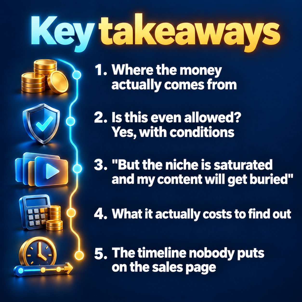 Key takeaways: Where the money actually comes from; Is this even allowed? Yes, with conditions; "But the niche is saturated and my content will get buried"; What it actually costs to find out; The timeline nobody puts on the sales page