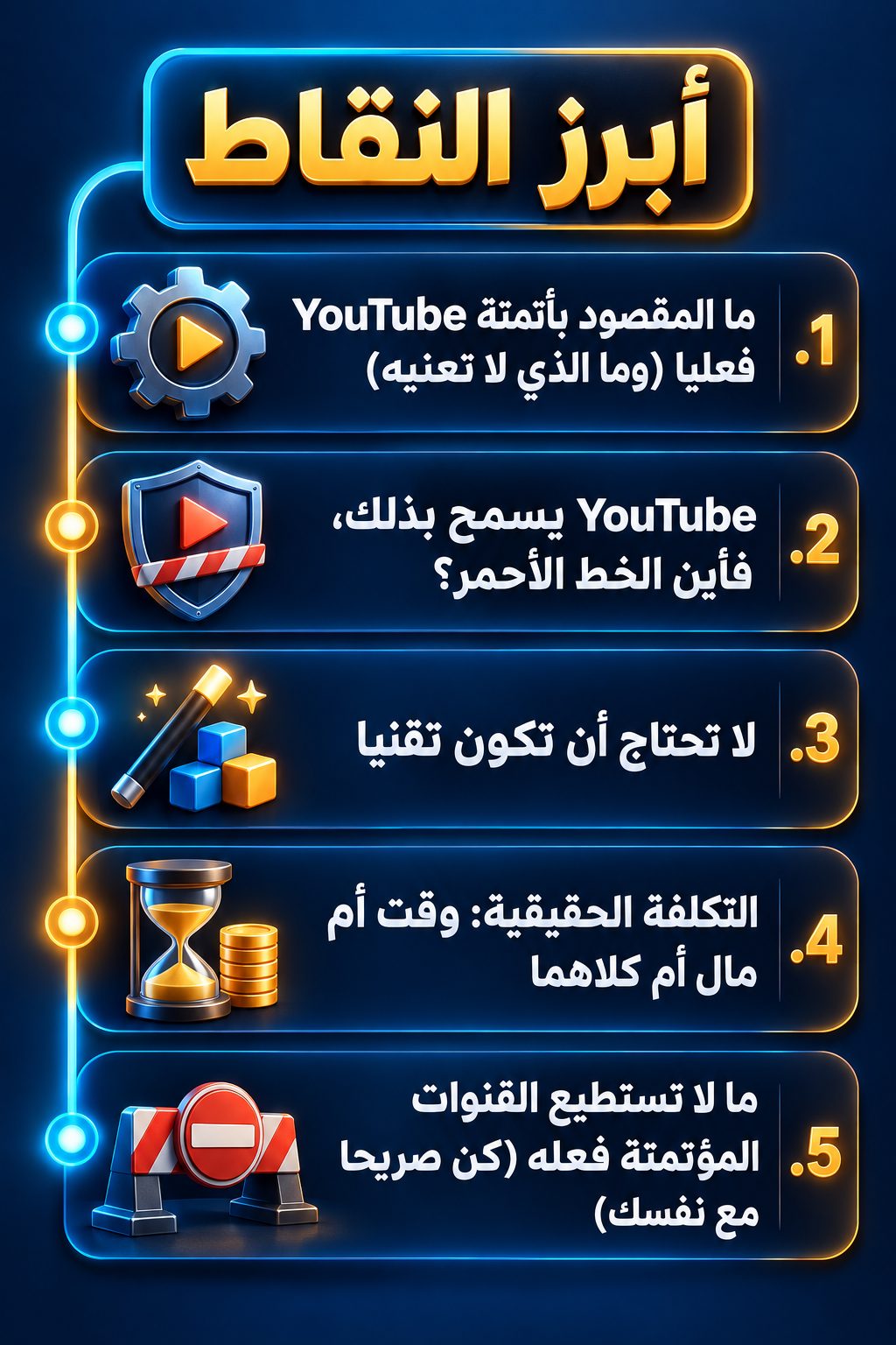 أبرز النقاط: ما معنى أتمتة YouTube فعلا (وما الذي لا تعنيه); YouTube يسمح بذلك، فأين الخط الأحمر؟; لا تحتاج أن تكون خبيرا في التقنية; التكلفة الحقيقية: وقت أم مال أم كلاهما; ما لا تستطيع القنوات المؤتمتة فعله (كن صريحا مع نفسك)