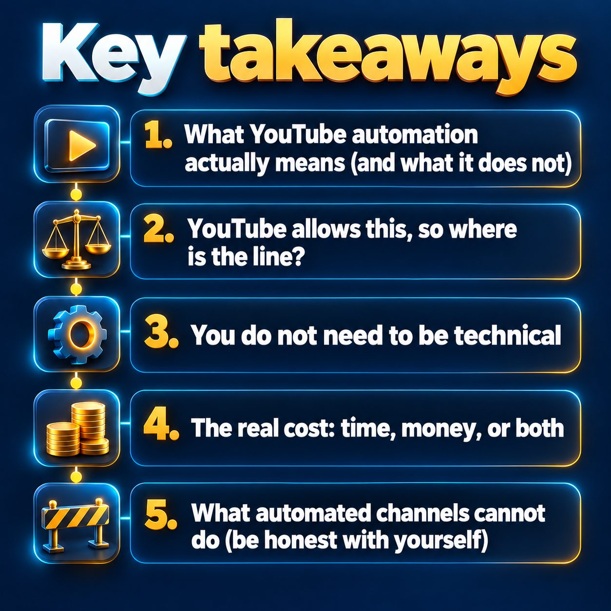 Key takeaways: What YouTube automation actually means (and what it does not); YouTube allows this, so where is the line?; You do not need to be technical; The real cost: time, money, or both; What automated channels cannot do (be honest with yourself)
