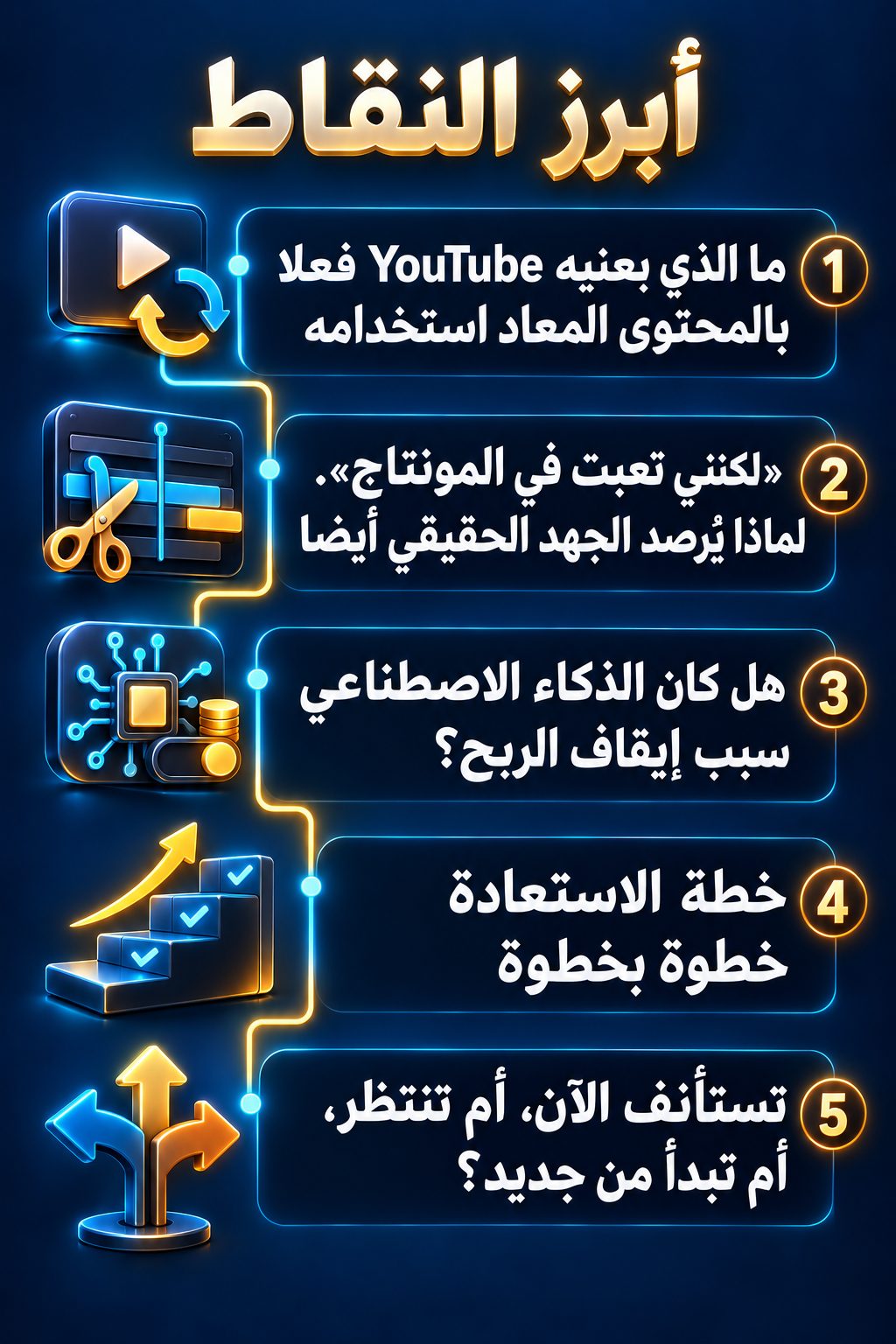 أبرز النقاط: ما الذي يقصده YouTube بالمحتوى المعاد استخدامه; «لكنني تعبت في المونتاج». لماذا يُرصد الجهد الحقيقي أيضا; هل كان الذكاء الاصطناعي سبب إيقاف الربح؟; خطة الاستعادة خطوة بخطوة; هل تستأنف الآن، أم تنتظر، أم تبدأ من جديد؟