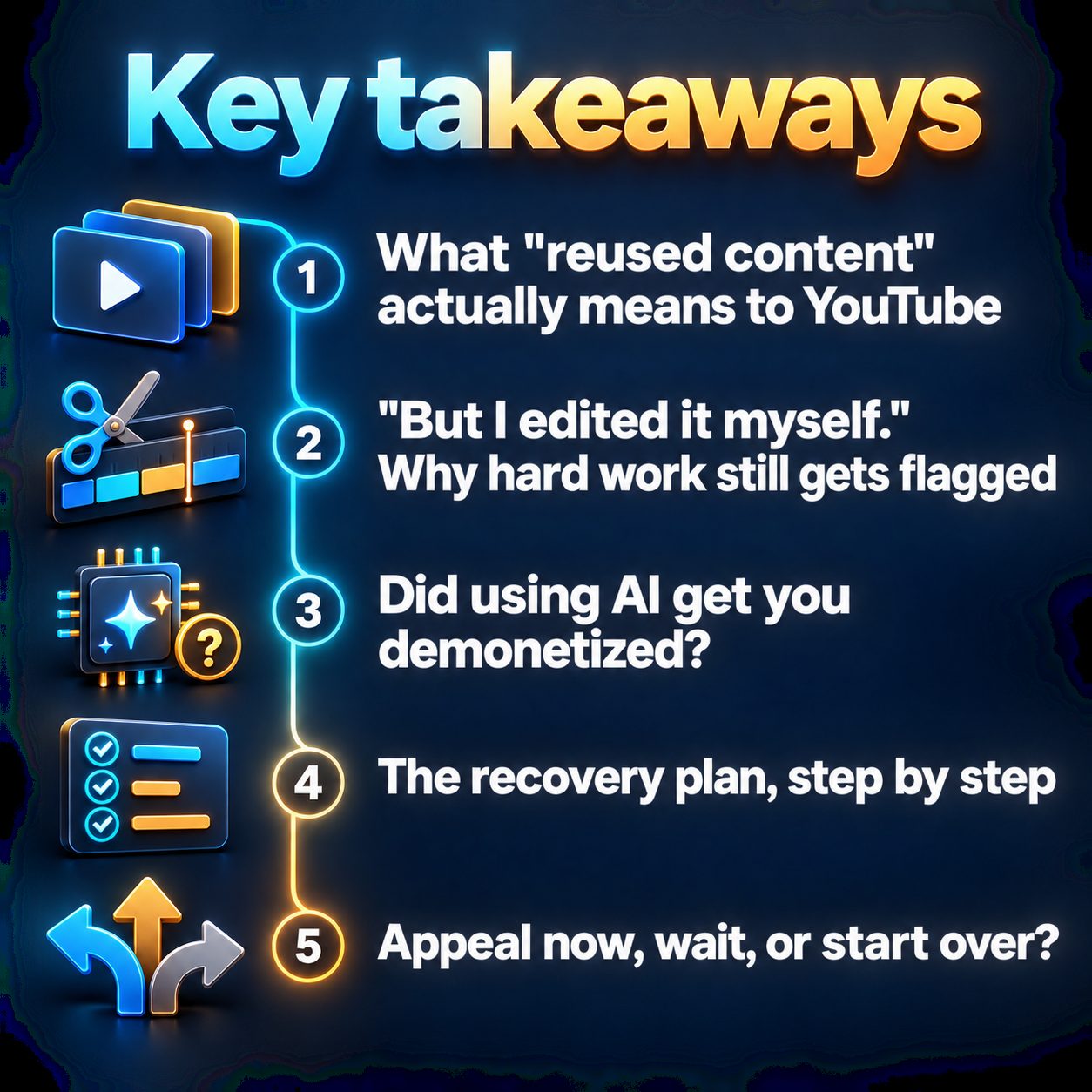 Key takeaways: What "reused content" actually means to YouTube; "But I edited it myself." Why hard work still gets flagged; Did using AI get you demonetized?; The recovery plan, step by step; Appeal now, wait, or start over?