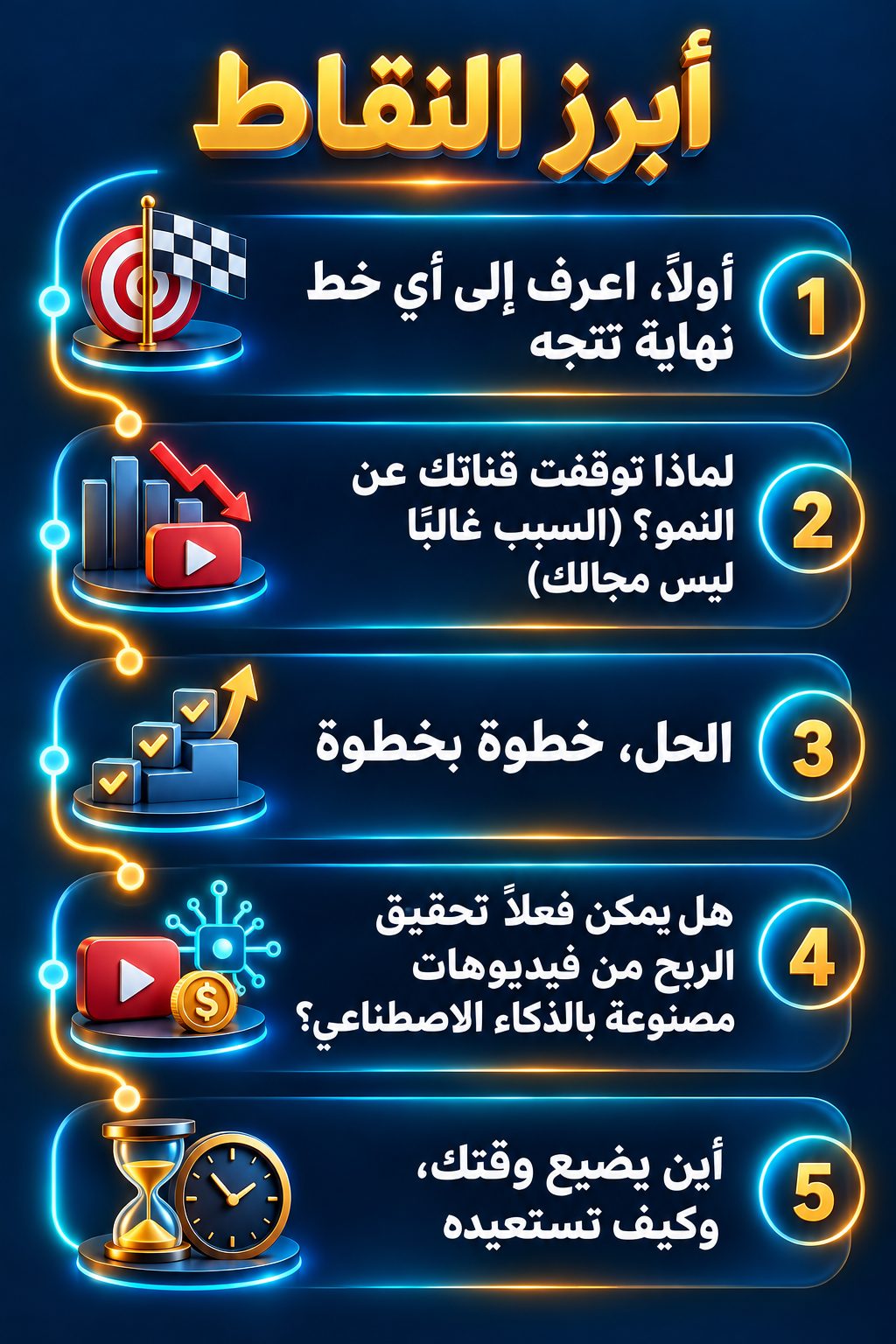 أبرز النقاط: أولًا، اعرف خط النهاية الذي تتجه إليه; لماذا توقفت قناتك عن النمو؟ (السبب غالبًا ليس مجالك); الحل، خطوة بخطوة; هل تستطيع فعلًا تحقيق الربح من فيديوهات مصنوعة بالذكاء الاصطناعي؟; أين يضيع وقتك، وكيف تستعيده