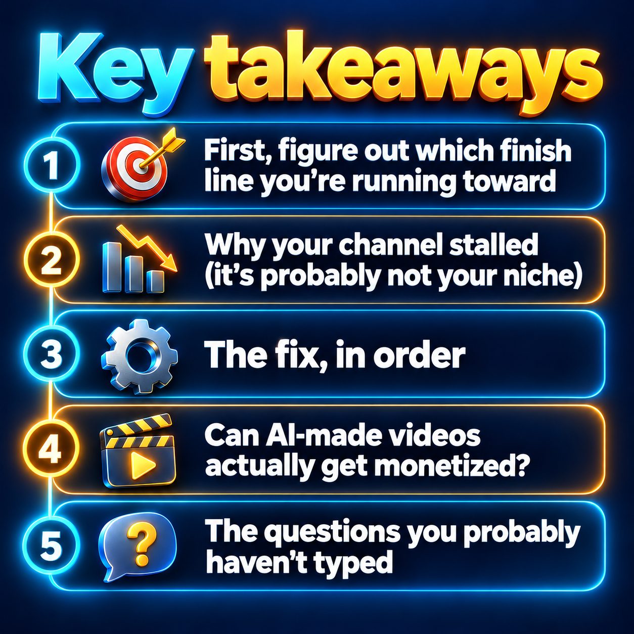 Key takeaways: First, figure out which finish line you're running toward; Why your channel stalled (it's probably not your niche); The fix, in order; Can AI-made videos actually get monetized?; The questions you probably haven't typed