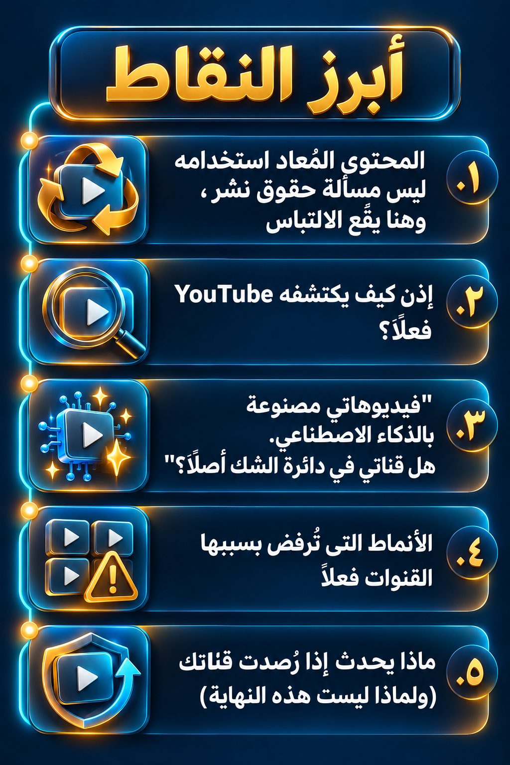 أبرز النقاط: المحتوى المُعاد استخدامه ليس مسألة حقوق نشر، وهنا يقع الالتباس; إذن كيف يكتشفه YouTube فعلًا؟; "فيديوهاتي مصنوعة بالذكاء الاصطناعي. هل قناتي في دائرة الشك أصلًا؟"; الأنماط التي تُرفض بسببها القنوات فعلًا; ماذا يحدث إذا رُصدت قناتك (ولماذا ليست هذه النهاية)