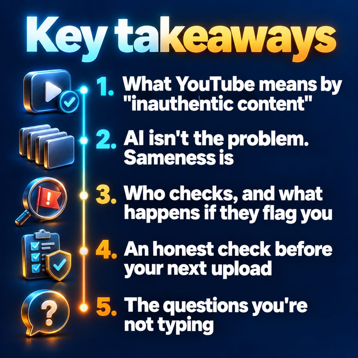 Key takeaways: What YouTube means by "inauthentic content"; AI isn't the problem. Sameness is; Who checks, and what happens if they flag you; An honest check before your next upload; The questions you're not typing