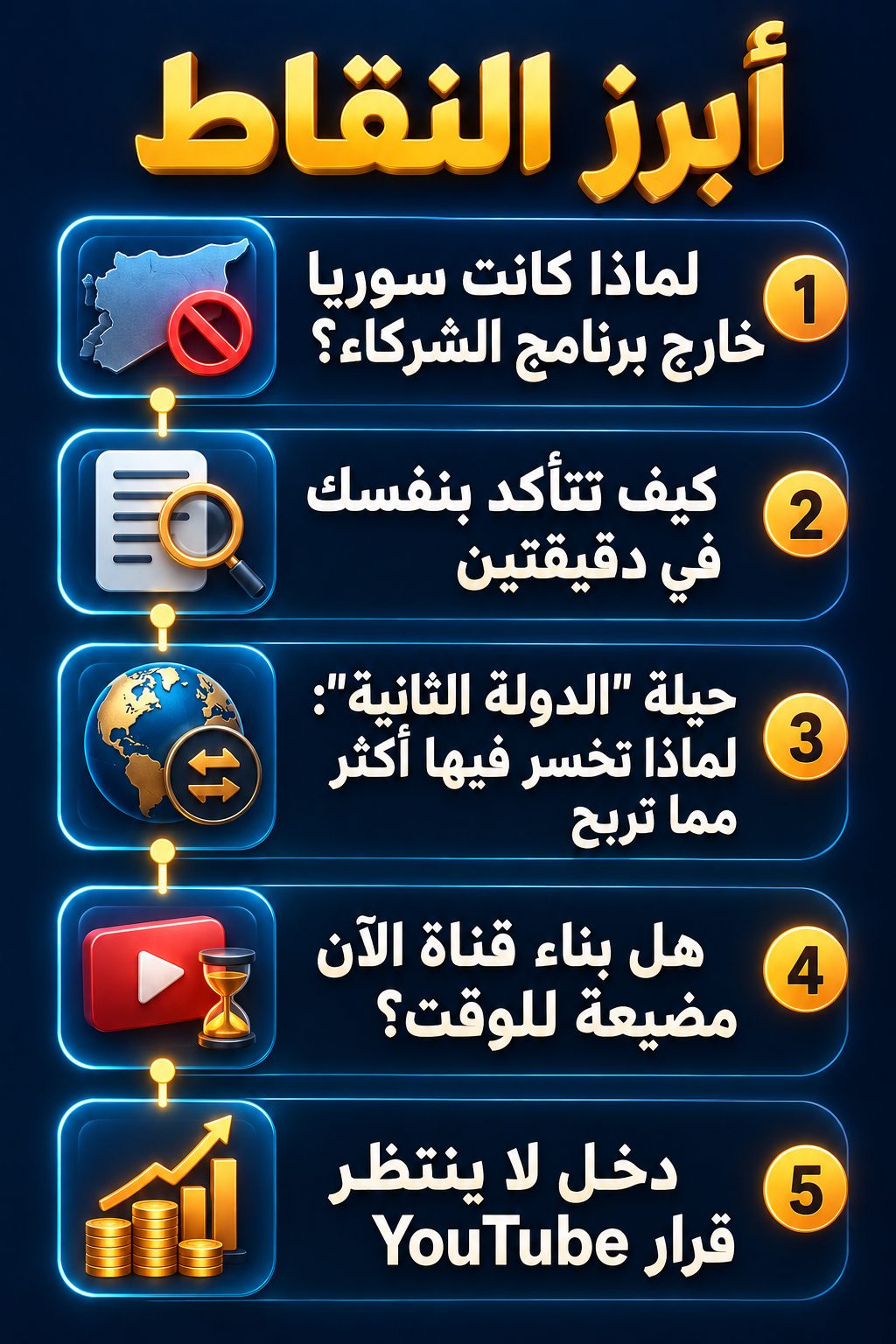 أبرز النقاط: لماذا كانت سوريا خارج برنامج الشركاء؟; كيف تتأكد بنفسك في دقيقتين; حيلة "الدولة الثانية": لماذا تخسر فيها أكثر مما تربح; هل بناء قناة الآن مضيعة للوقت؟; دخل لا ينتظر قرار YouTube