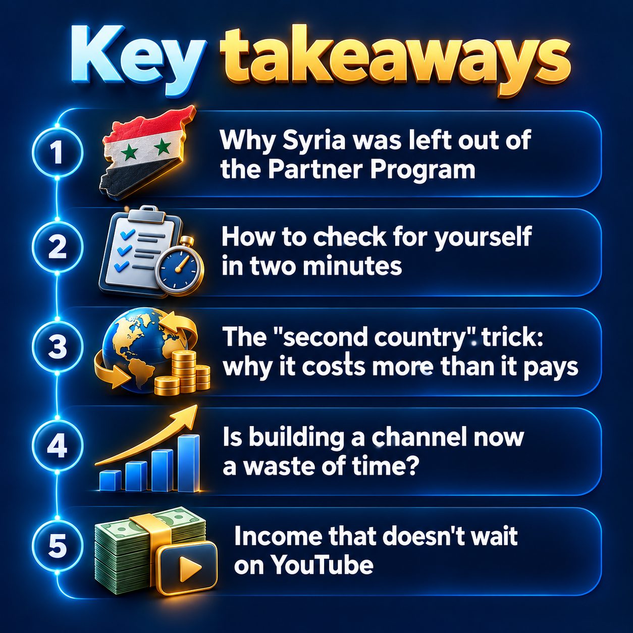 Key takeaways: Why Syria was left out of the Partner Program; How to check for yourself in two minutes; The "second country" trick: why it costs more than it pays; Is building a channel now a waste of time?; Income that doesn't wait on YouTube