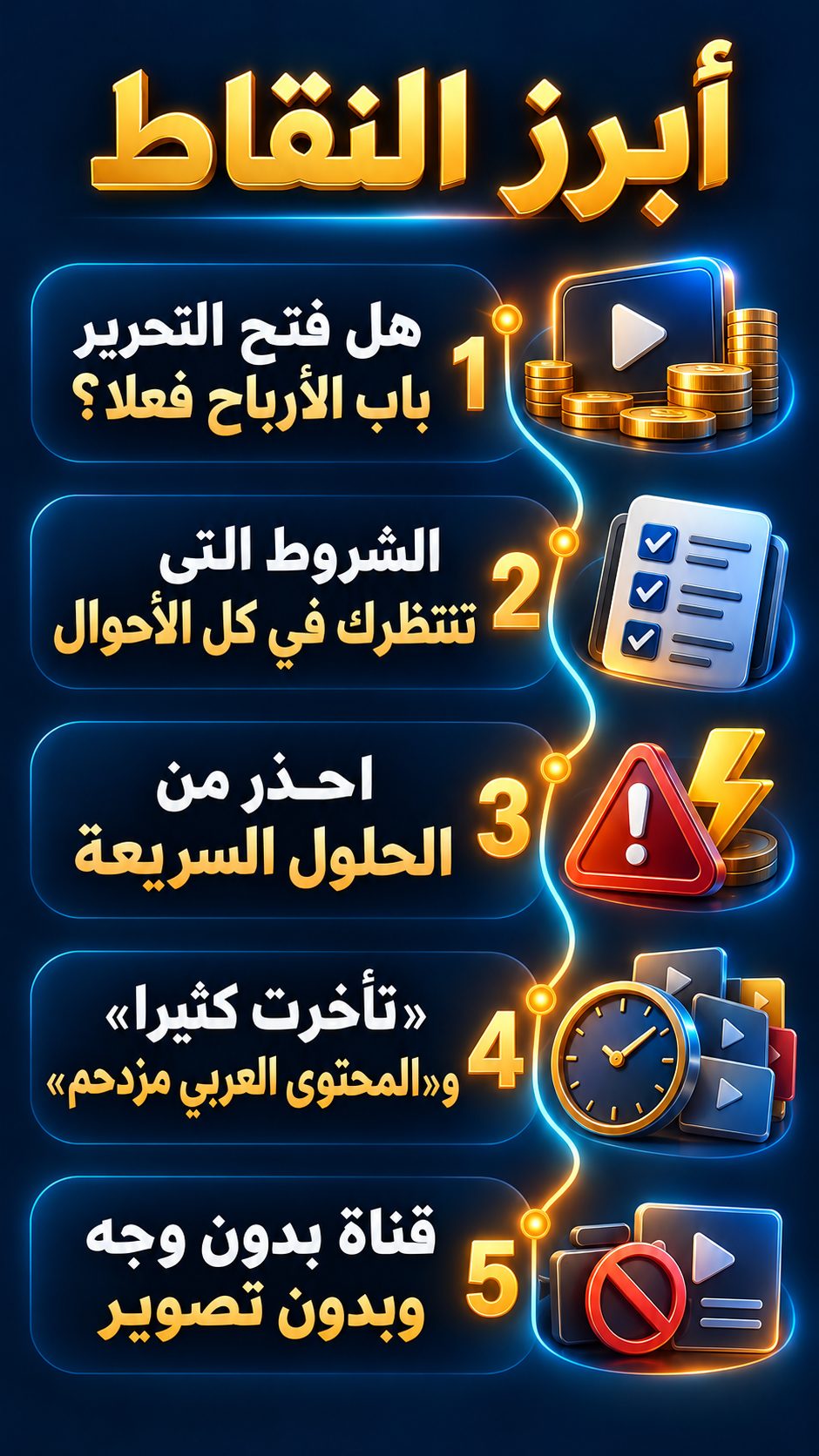أبرز النقاط: هل فتح التحرير باب الأرباح فعلا؟; الشروط التي تنتظرك في كل الأحوال; احذر من الحلول السريعة; «تأخرت كثيرا» و«المحتوى العربي مزدحم»; قناة بدون وجه وبدون تصوير