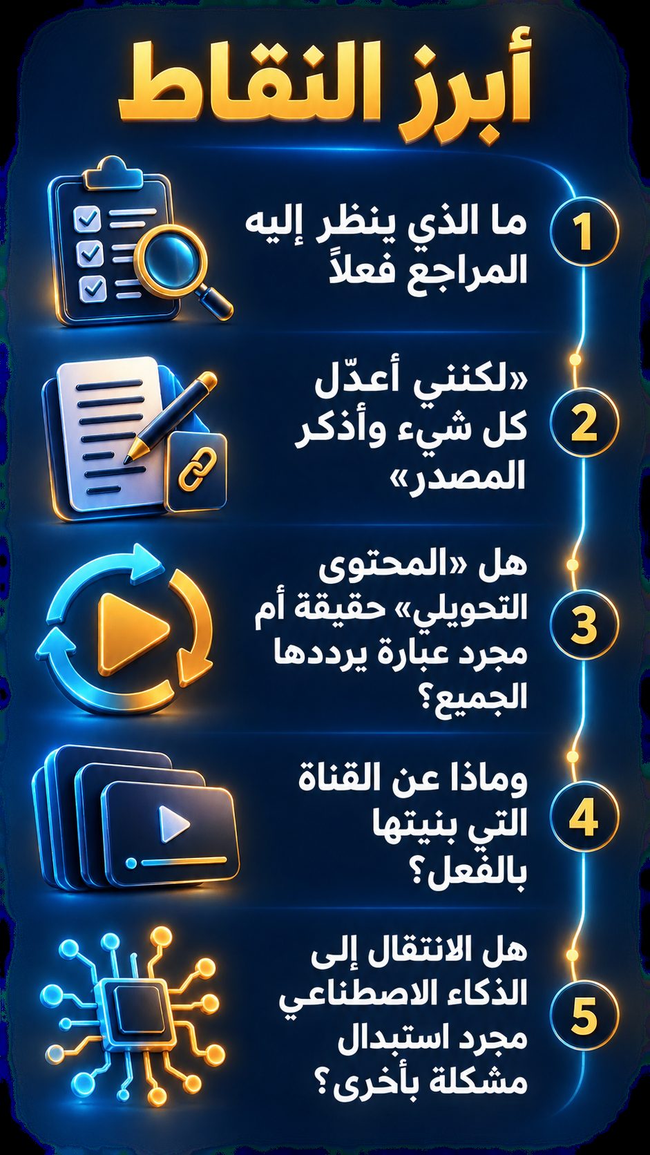 أبرز النقاط: ما الذي ينظر إليه المراجع فعلًا; «لكنني أعدّل كل شيء وأذكر المصدر»; هل «المحتوى التحويلي» حقيقة أم مجرد عبارة يرددها الجميع؟; وماذا عن القناة التي بنيتها بالفعل؟; هل الانتقال إلى الذكاء الاصطناعي مجرد استبدال مشكلة بأخرى؟