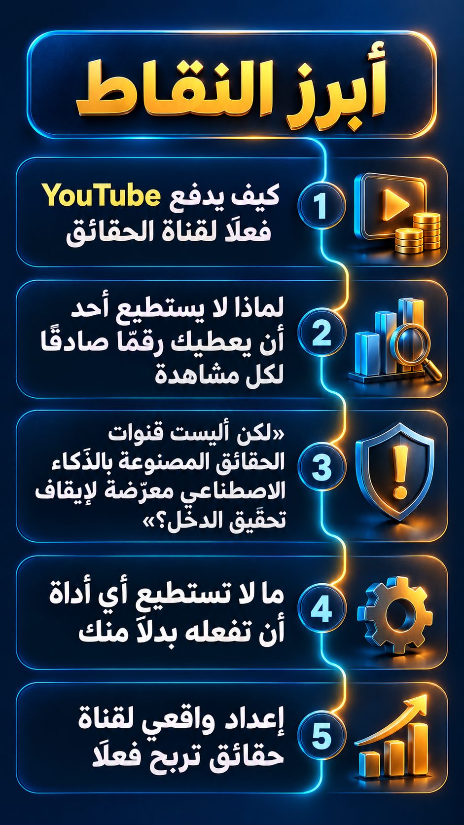 أبرز النقاط: كيف يدفع YouTube فعلًا لقناة الحقائق; لماذا لا يستطيع أحد أن يعطيك رقمًا صادقًا لكل مشاهدة; «لكن أليست قنوات الحقائق المصنوعة بالذكاء الاصطناعي معرّضة لإيقاف تحقيق الدخل؟»; ما لا تستطيع أي أداة أن تفعله بدلًا منك; إعداد واقعي لقناة حقائق تربح فعلًا