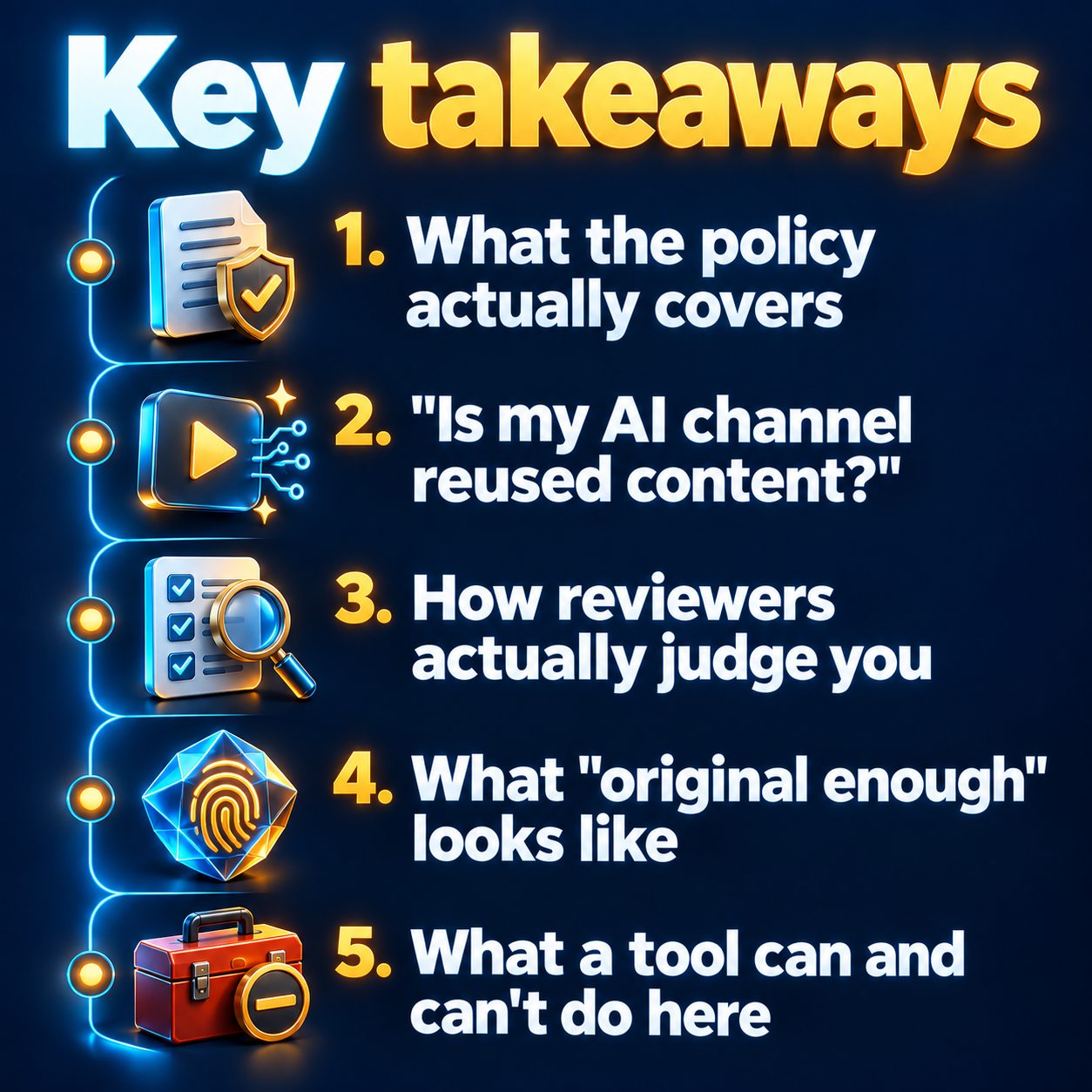 Key takeaways: What the policy actually covers; "Is my AI channel reused content?"; How reviewers actually judge you; What "original enough" looks like; What a tool can and can't do here