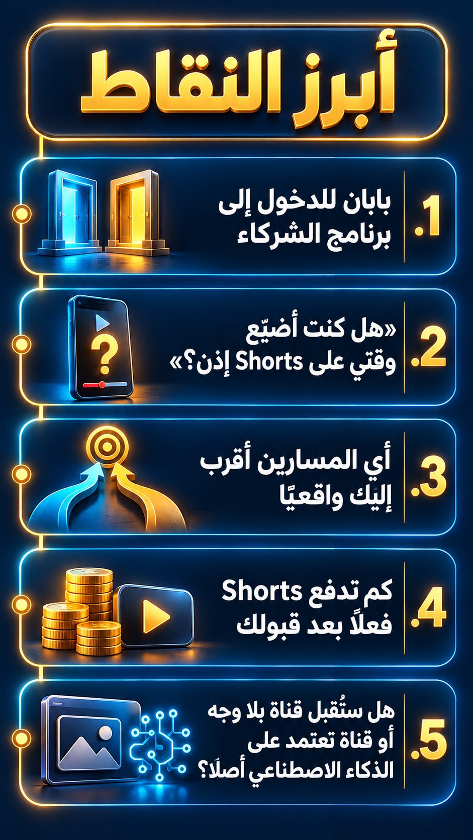 أبرز النقاط: بابان للدخول إلى برنامج الشركاء; «هل كنت أضيّع وقتي على Shorts إذن؟»; أي المسارين أقرب إليك في الواقع; كم تدفع Shorts فعلًا بعد قبولك; هل تُقبل قناة بلا وجه أو قناة تعتمد على الذكاء الاصطناعي أصلًا؟