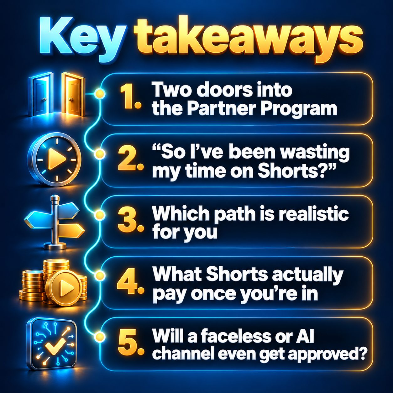Key takeaways: Two doors into the Partner Program; "So I've been wasting my time on Shorts?"; Which path is realistic for you; What Shorts actually pay once you're in; Will a faceless or AI channel even get approved?