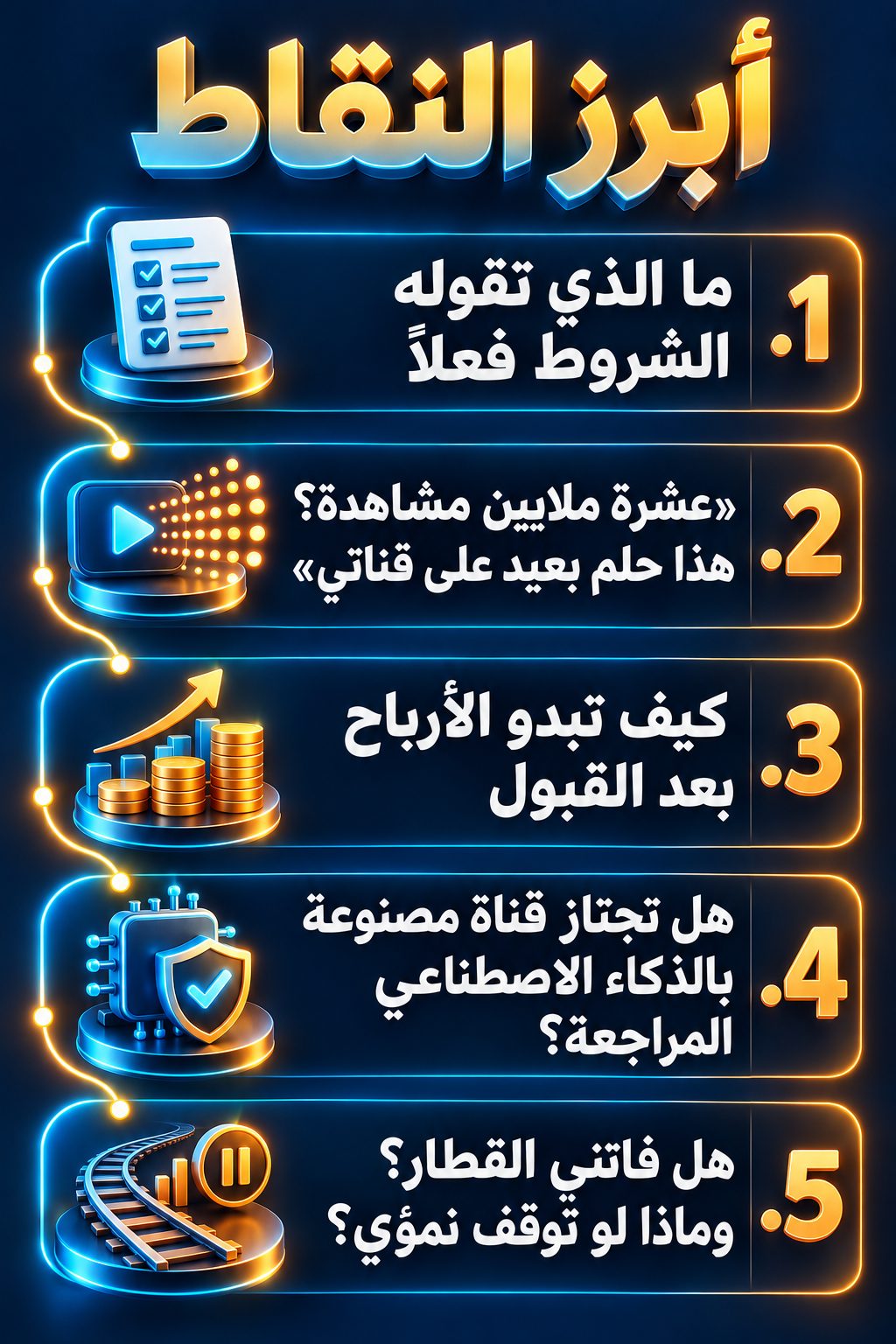 أبرز النقاط: ما الذي تقوله الشروط فعلًا; «عشرة ملايين مشاهدة؟ هذا حلم بعيد على قناتي»; كيف تبدو الأرباح بعد القبول; هل تنجح قناة مصنوعة بالذكاء الاصطناعي في المراجعة؟; هل فاتني القطار؟ وماذا لو توقف نمو قناتي؟